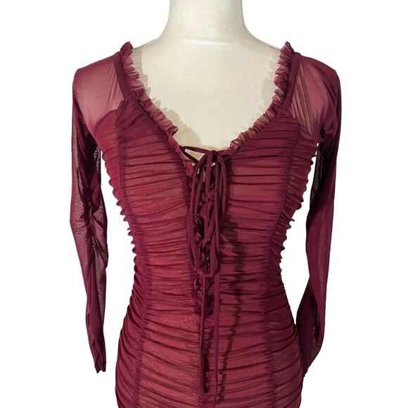 Majorelle Darling Dress in Merlot Ruched Mesh Ruffle Trim Bodycon Size Medium - Picture 6 of 8